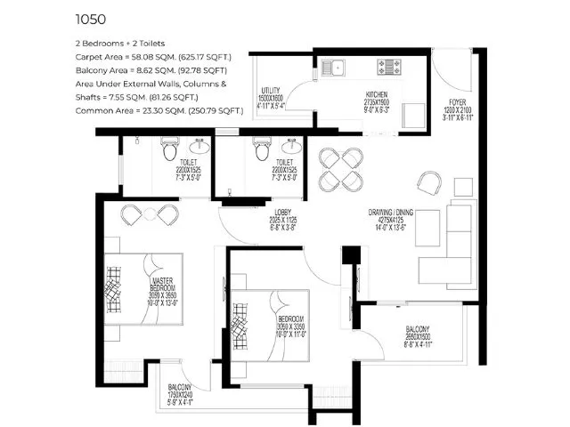 2 BHK Apartment + 2 Toilets