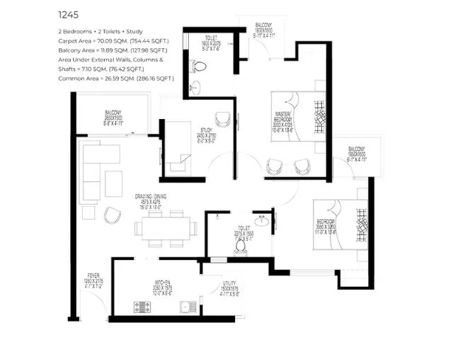 2 BHK Apartment + 2 Toilets + Study