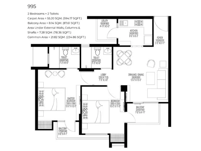 2 BHK Apartment + 2 Toilets