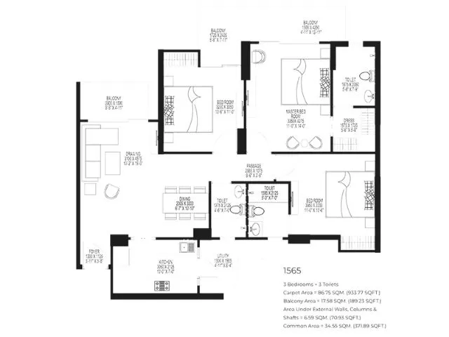 3 BHK Apartment + 3 Toilets