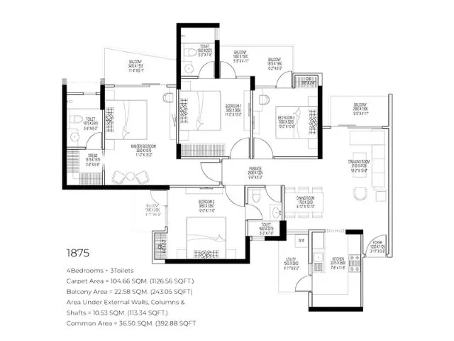 4 BHK Apartment + 3 Toilets