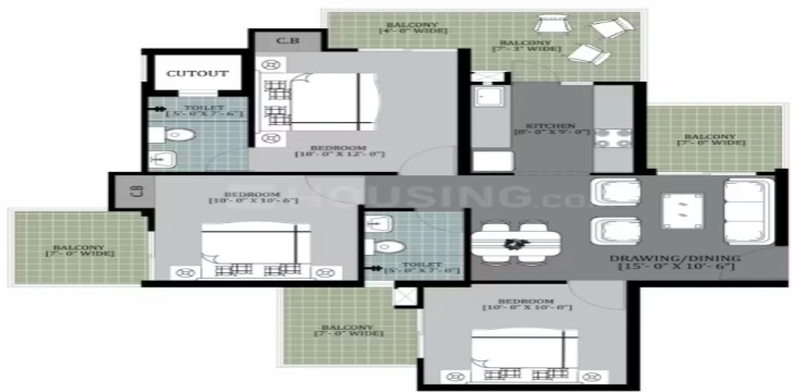3 BHK Apartment + 3 Toilets