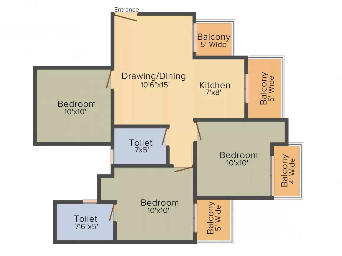 3 BHK Apartment + 2 Toilets
