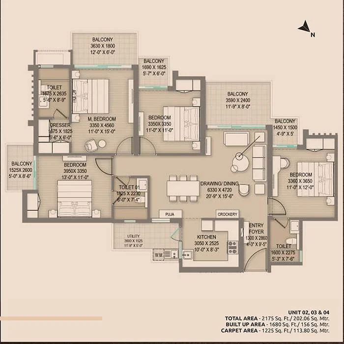 4 BHK Apartment + 3 Toilets