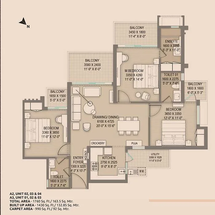 3 BHK Apartment + 3 Toilets