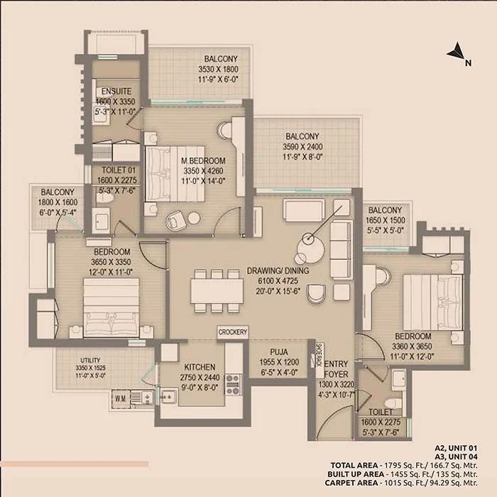 3 BHK Apartment + 3 Toilets