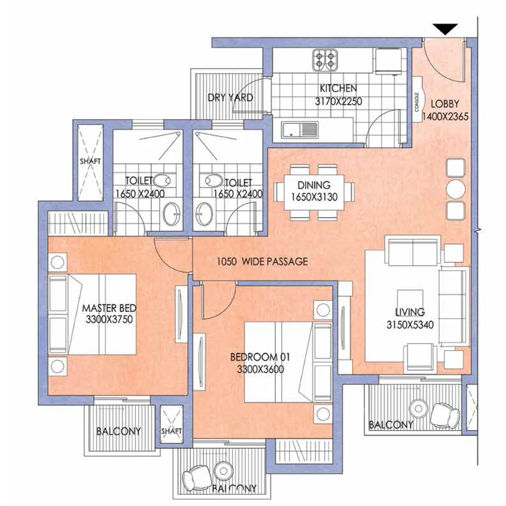 2 BHK Apartment + 2 Toilets