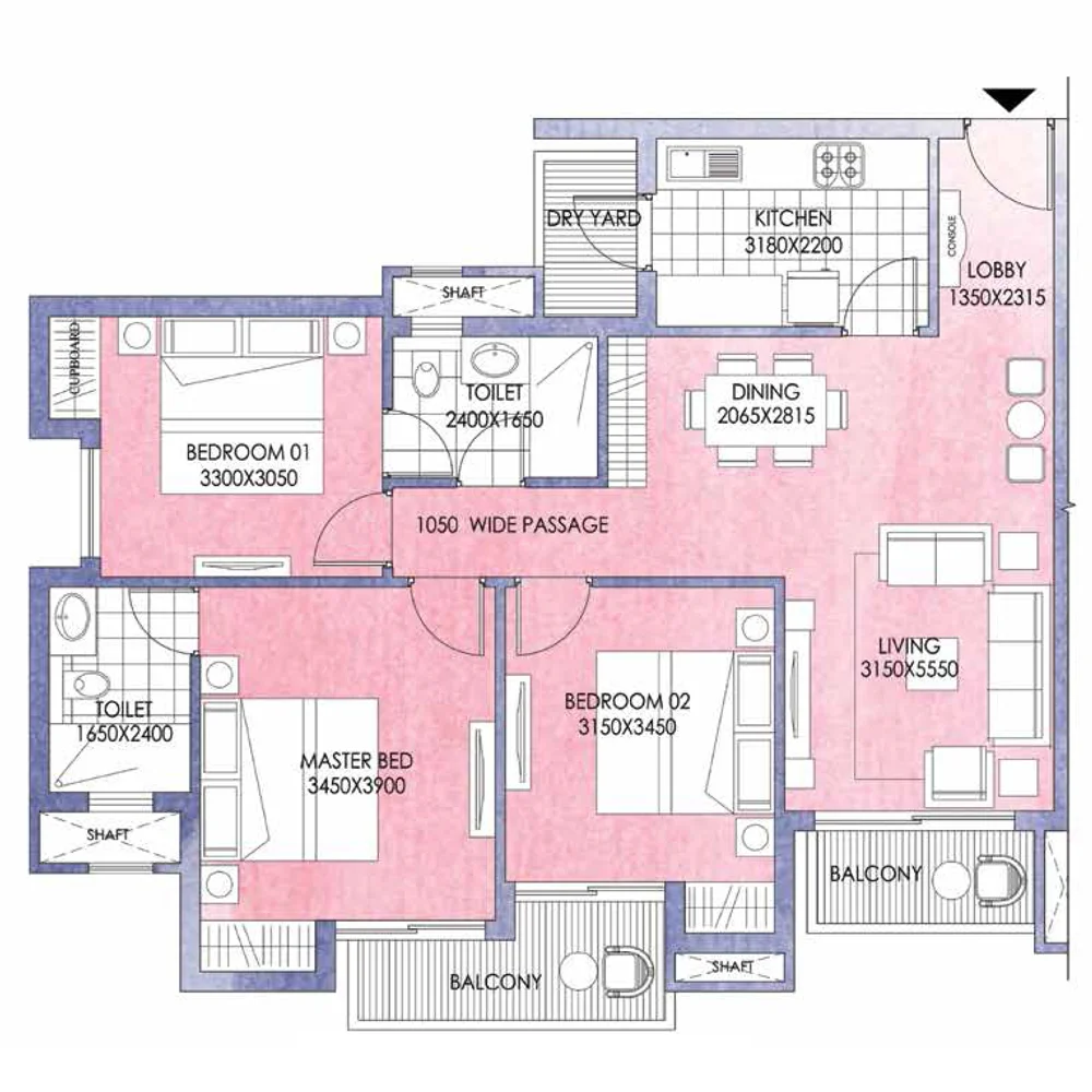3 BHK Apartment + 2 Toilets