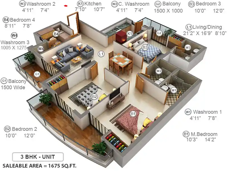 3 BHK Apartment + 3 Toilets