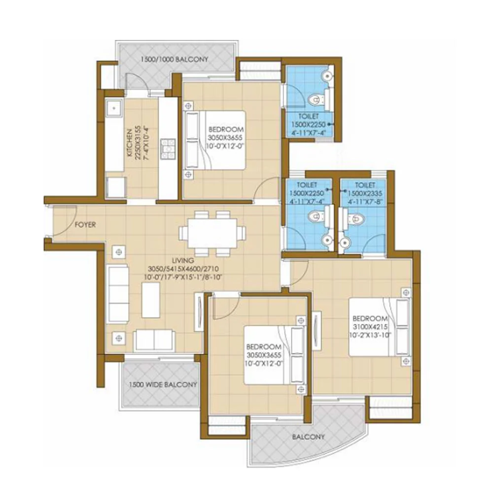 3 BHK Apartment + 3 Toilets