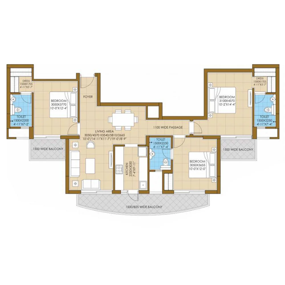 3 BHK Apartment + 3 Toilets