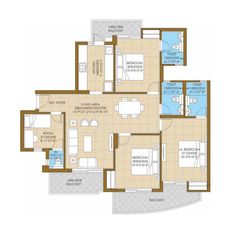 3 BHK Apartment + 3 Toilets + Servent