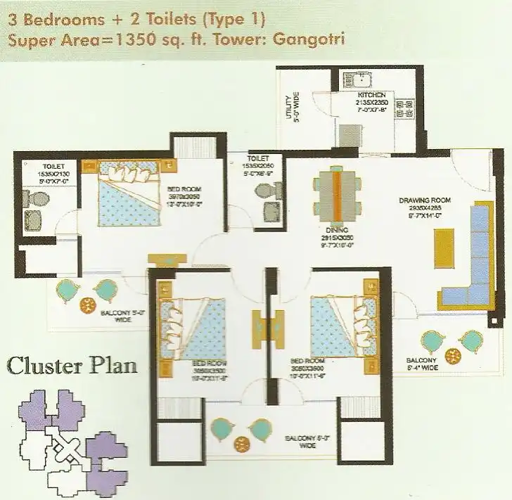 3 BHK Apartment + 3 Toilets