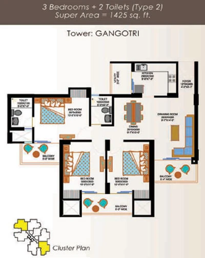 3 BHK Apartment + 3 Toilets