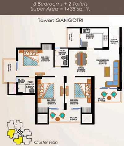 3 BHK Apartment + 3 Toilets