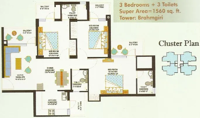 3 BHK Apartment + 3 Toilets