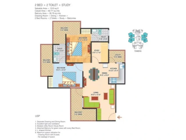 2 BHK Apartment + 2 Toilets + Study