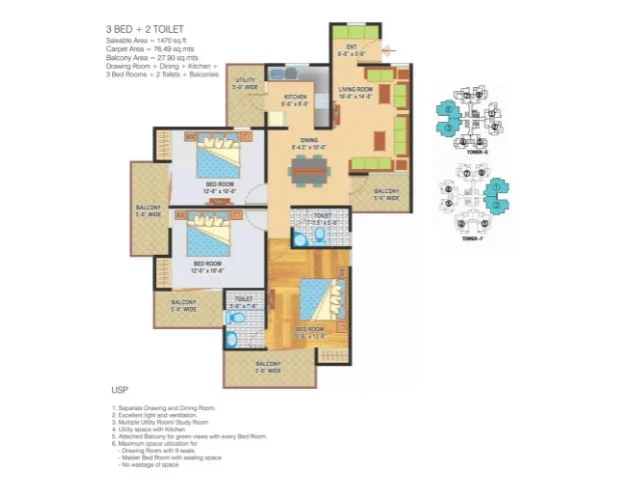 3 BHK Apartment + 2 Toilets