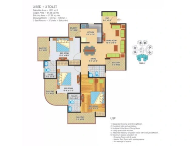 3 BHK Apartment + 3 Toilets