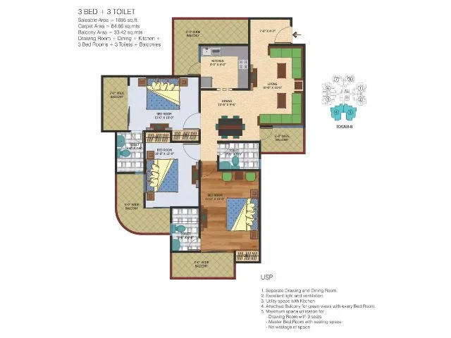 3 BHK Apartment + 3 Toilets