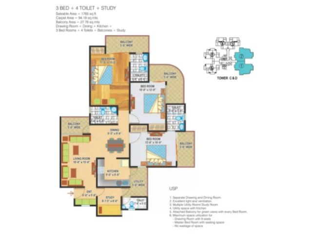 3 BHK Apartment + 4 Toilets + Study