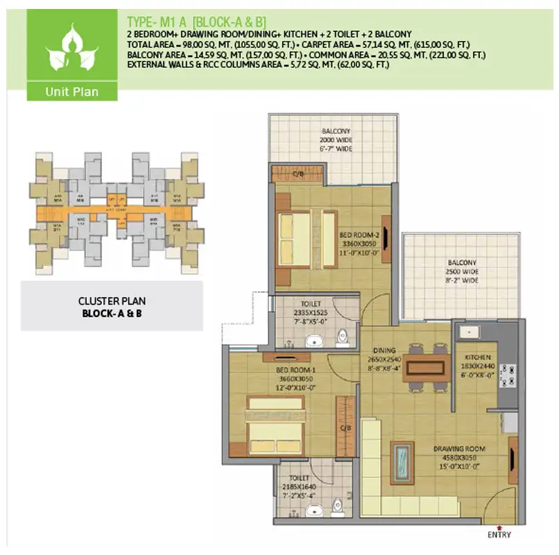 2 BHK Apartment + 2 Toilets