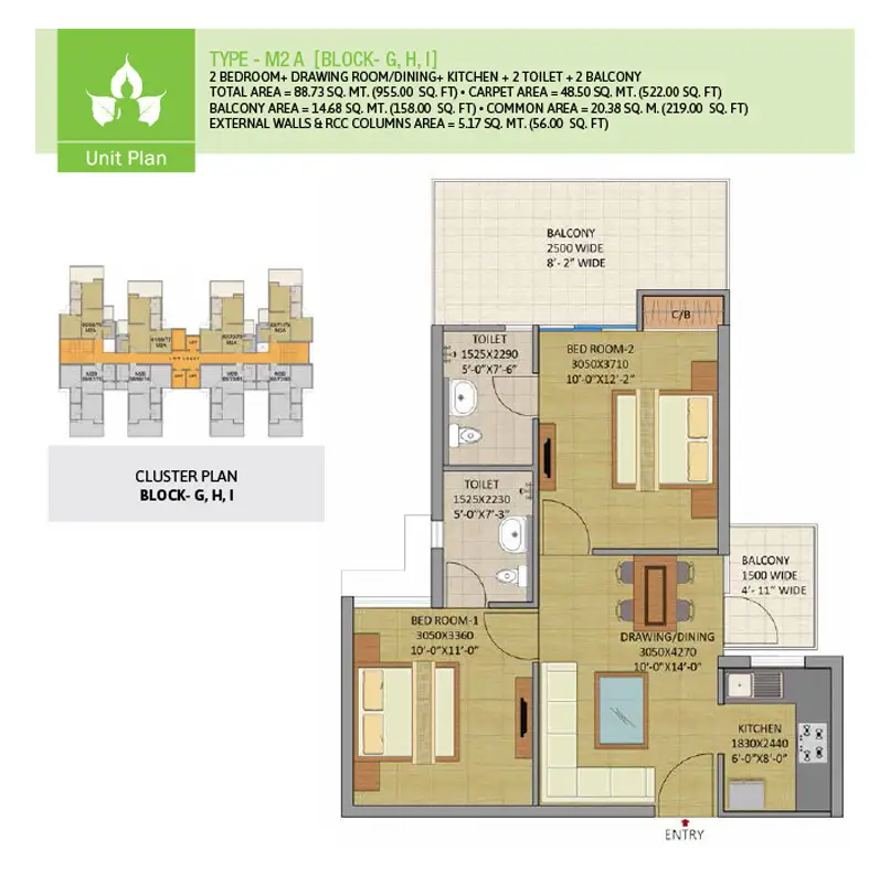 2 BHK Apartment + 2 Toilets