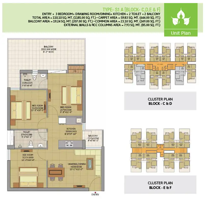 3 BHK Apartment + 3 Toilets