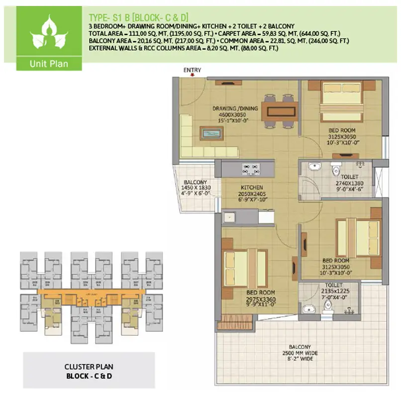 3 BHK Apartment + 3 Toilets