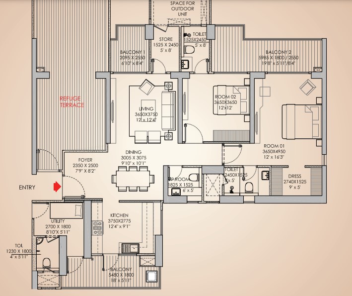 2BHK + Utility Apartment