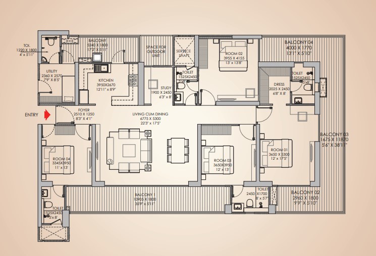 3BHK + Utility Apartment