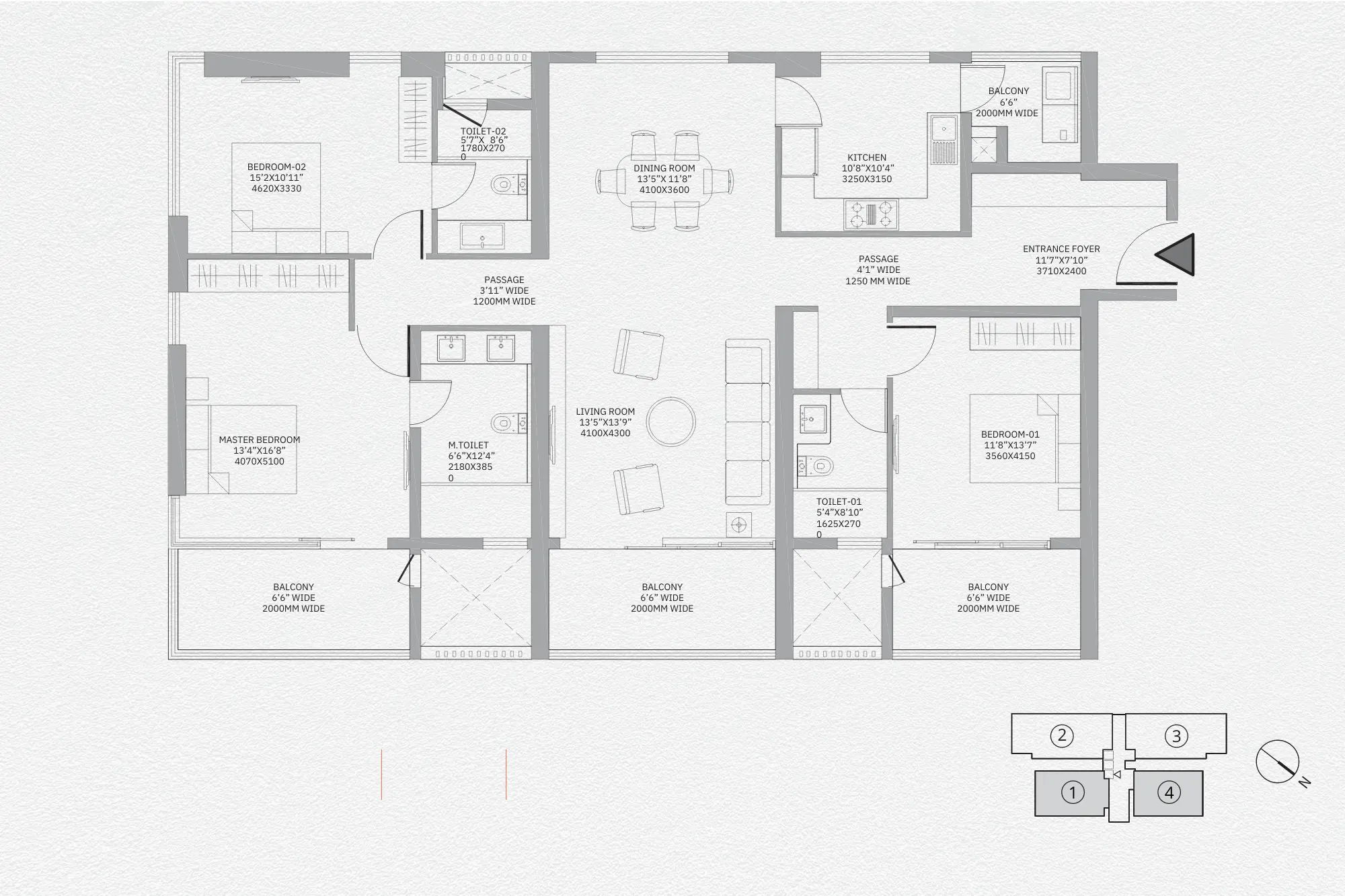 3 BHK Apartment + 3 Toilets
