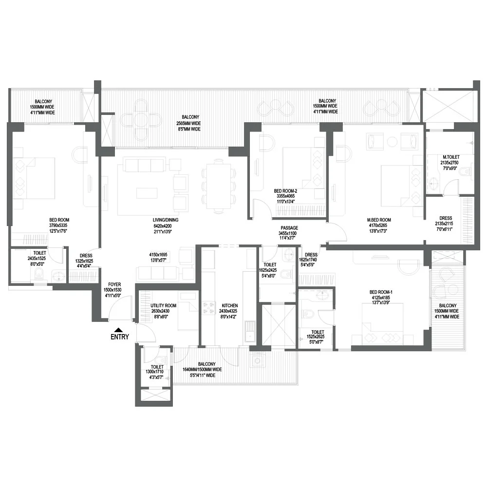 3 BHK Apartment + 2 Toilets