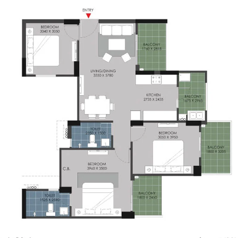 3 BHK Apartment + 2 Toilets