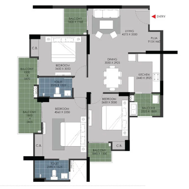 3 BHK Apartment + 3 Toilets
