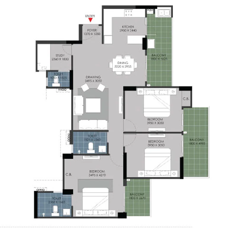 3 BHK Apartment + 3 Toilets + Study