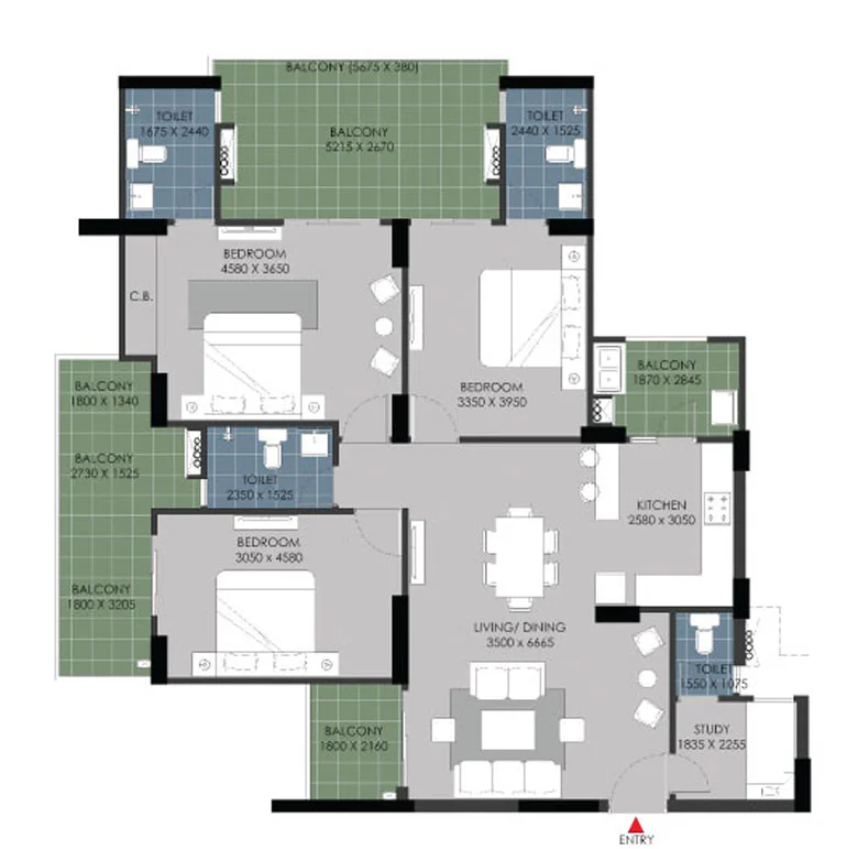 3 BHK Apartment + 4 Toilets + Study