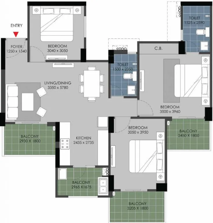 3 BHK Apartment + 3 Toilets