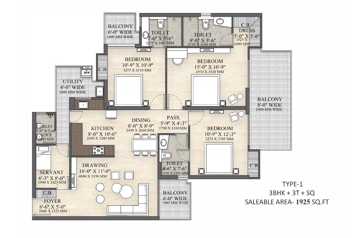 3 BHK Apartment + 3 Toilets + Servant