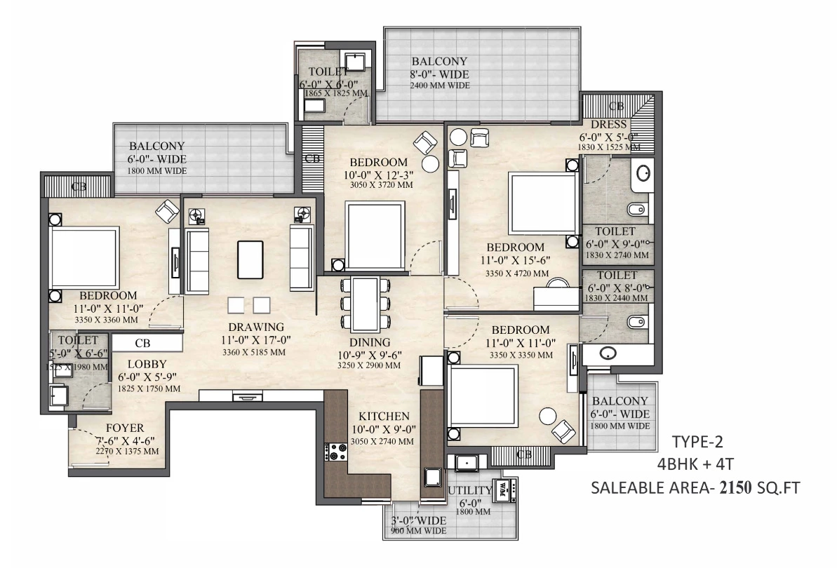 4 BHK Apartment + 4 Toilets