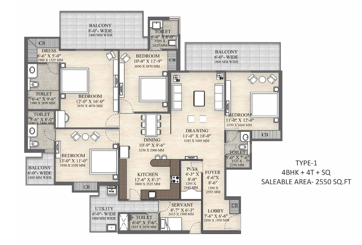 4 BHK Apartment + 4 Toilets +Servant Pooja Room