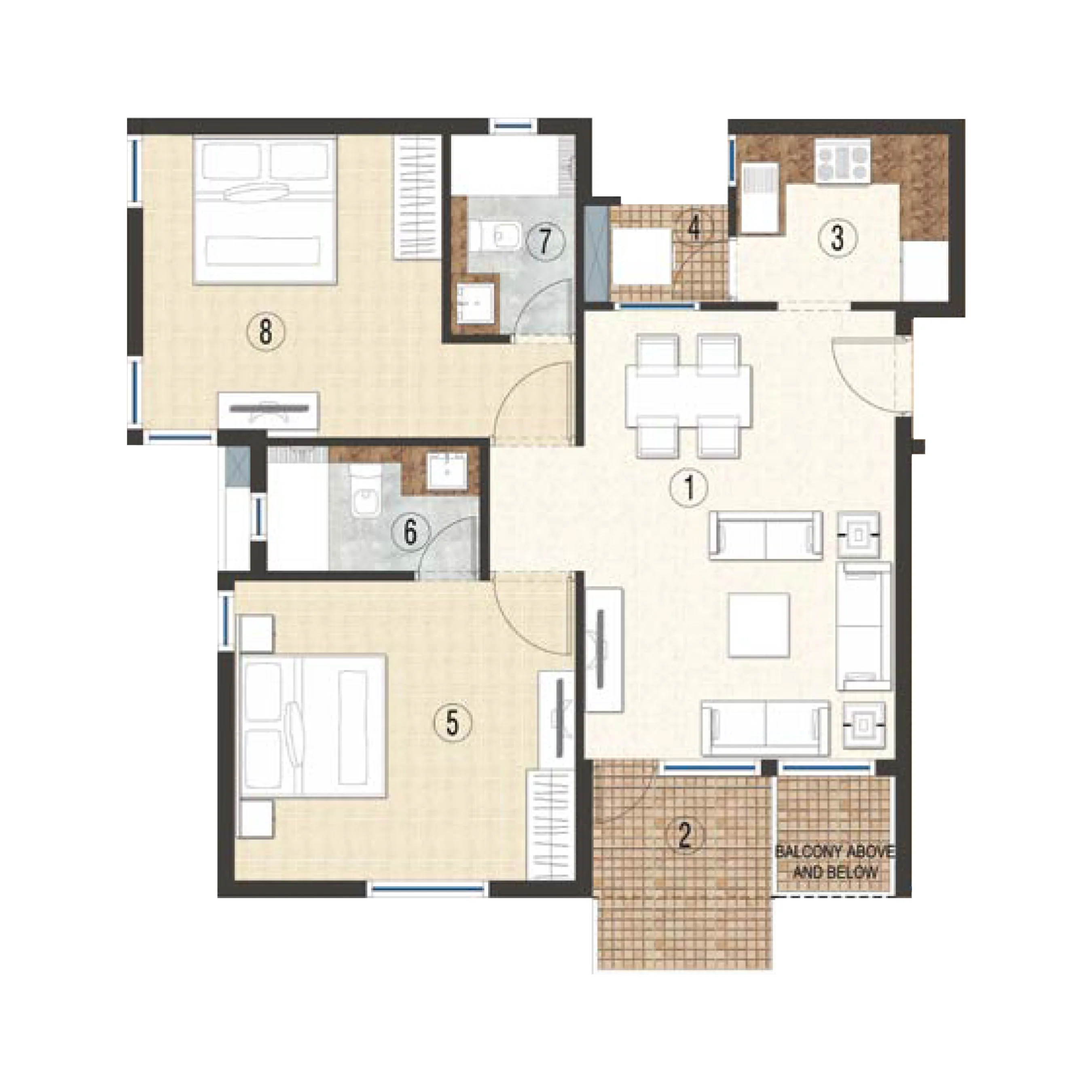2 BHK Apartment + 2 Toilets