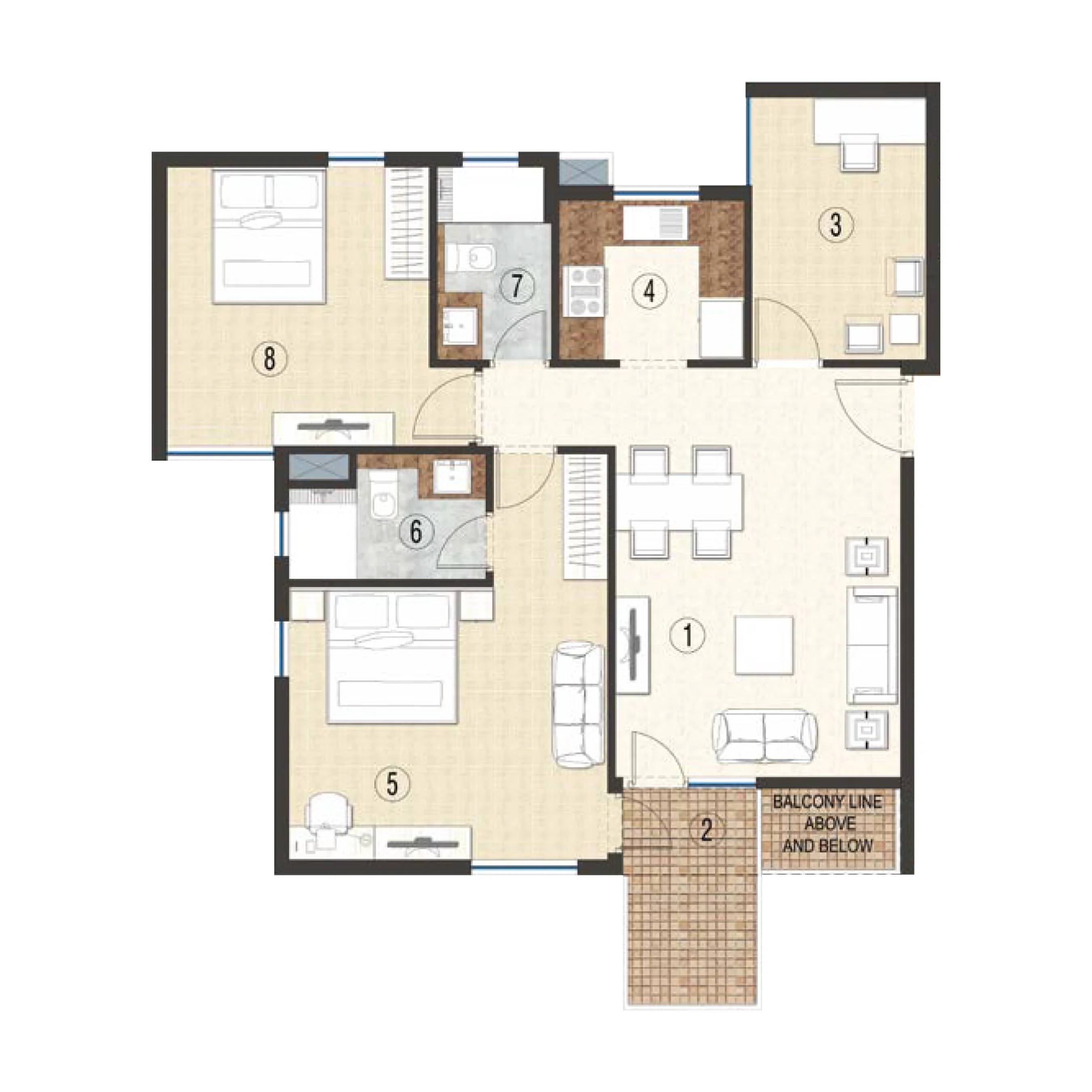 2 BHK Apartment + 2 Toilets + Study