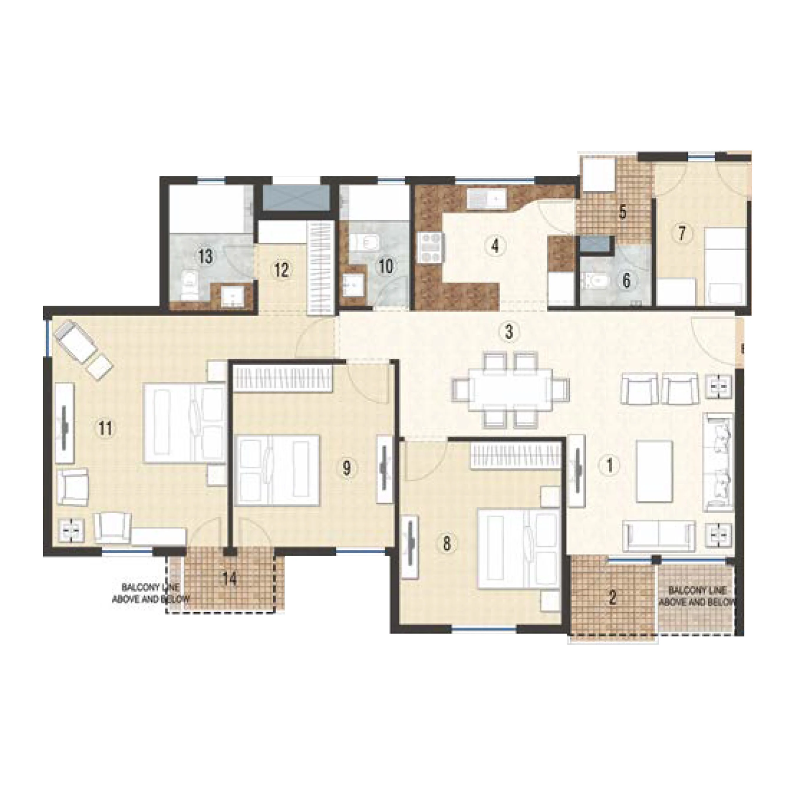 3 BHK Apartment + 2 Toilets + Servant
