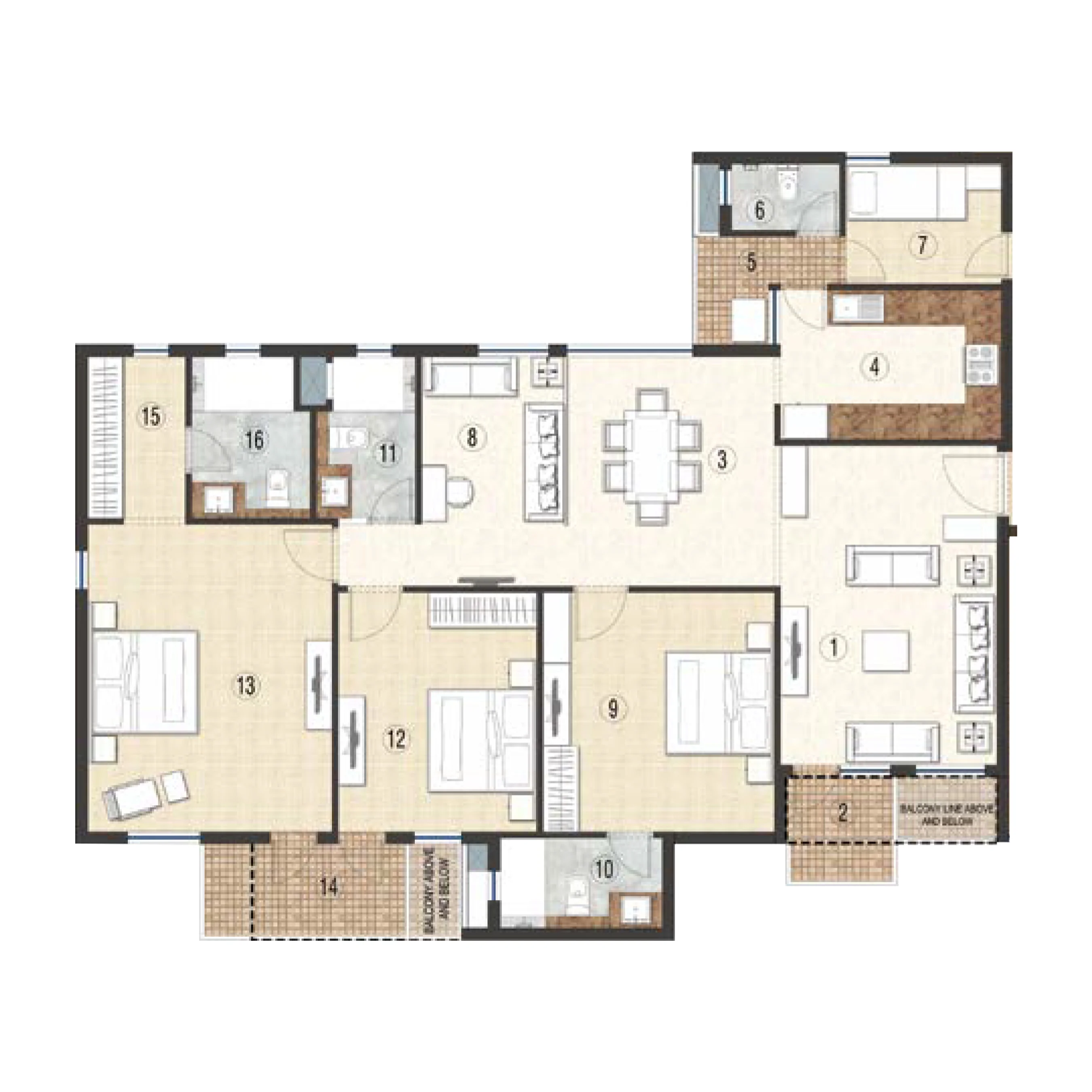 4 BHK Apartment + 3 Toilets + Servant + Study