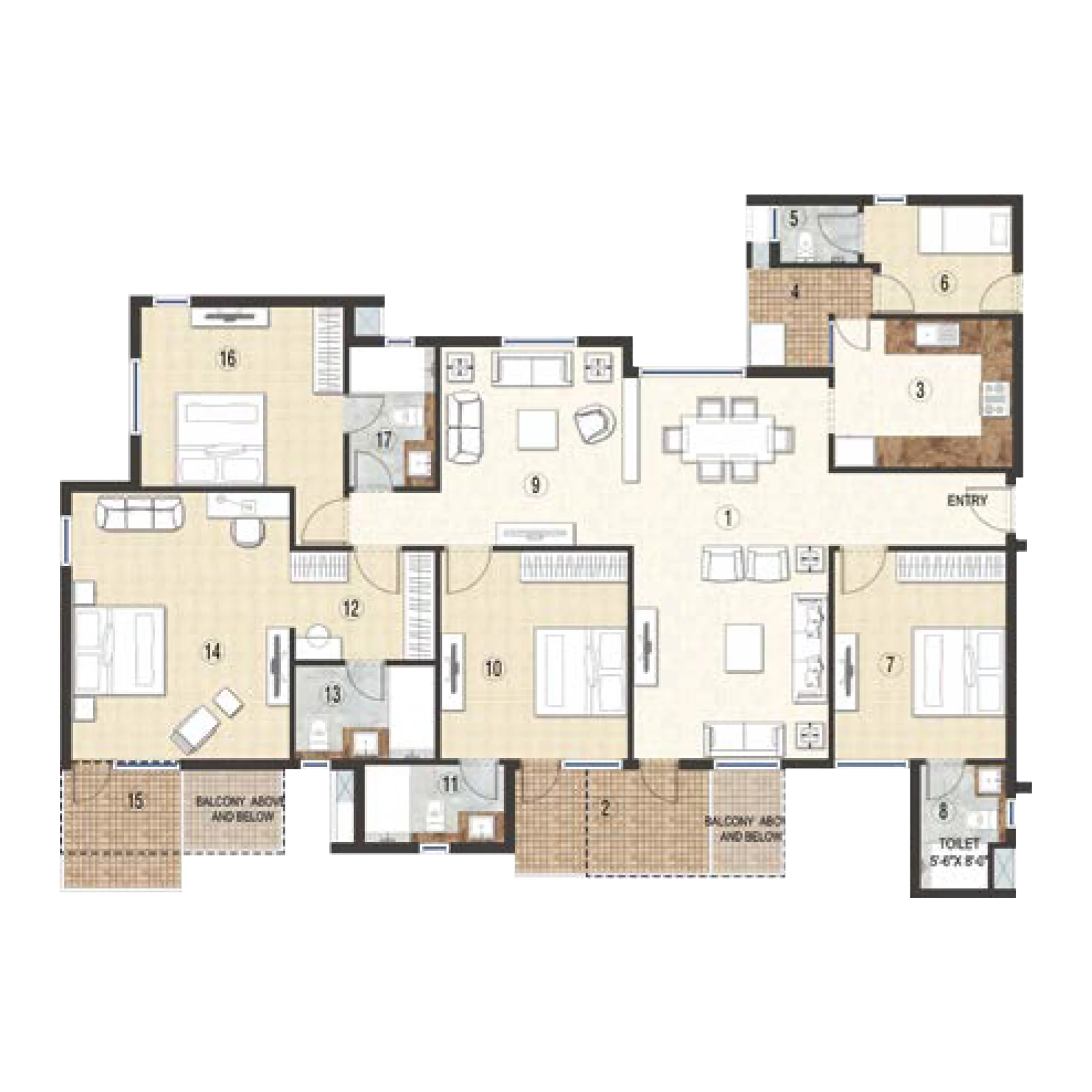 4 BHK Apartment + 4 Toilets + Servant
