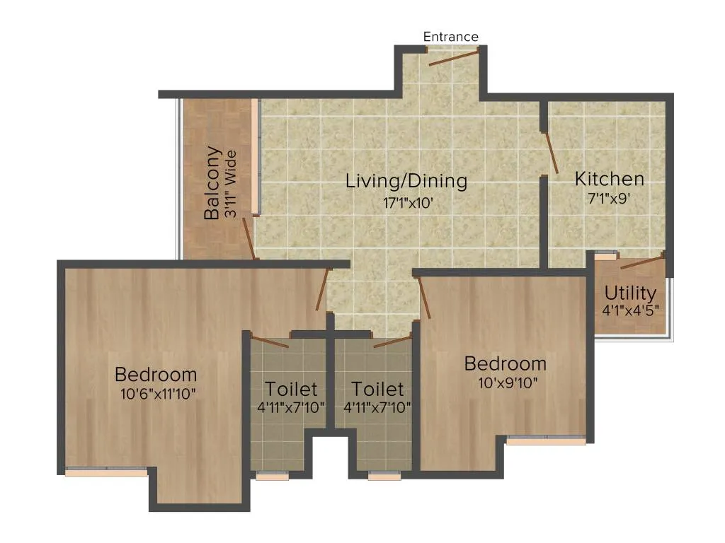 2 BHK Apartment + 2 Toilets
