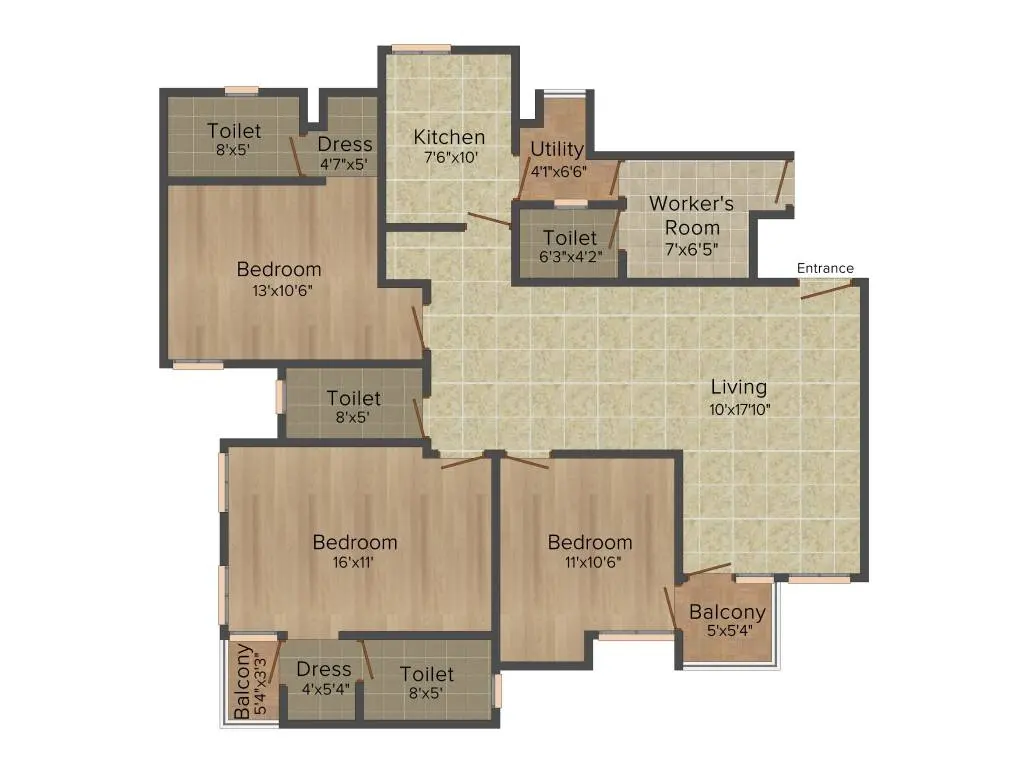 3 BHK Apartment + 3 Toilets