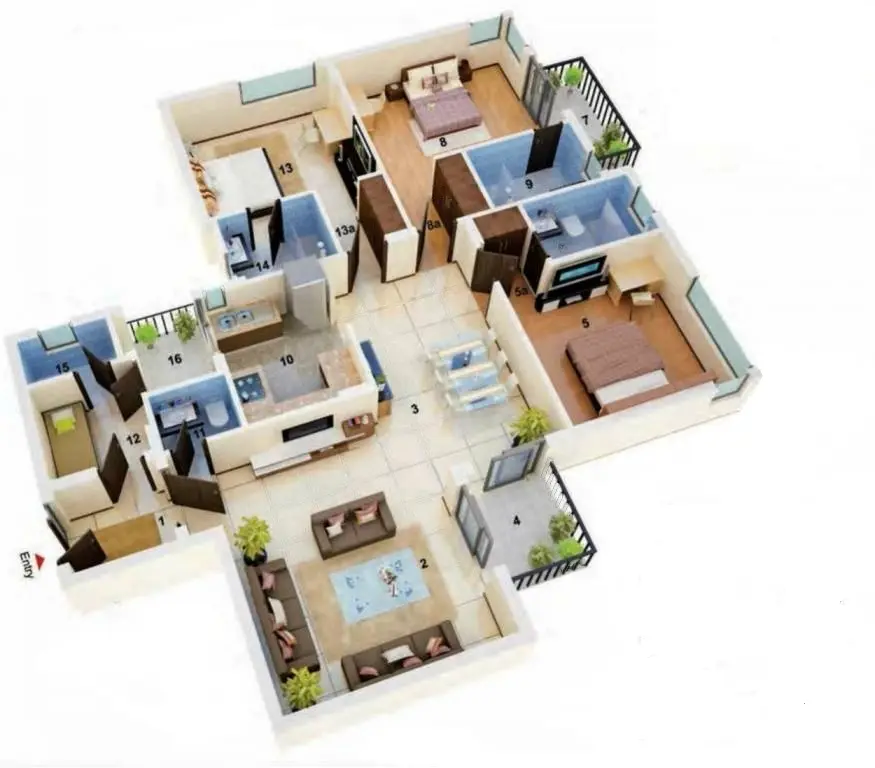 3 BHK Apartment + 3 Toilets