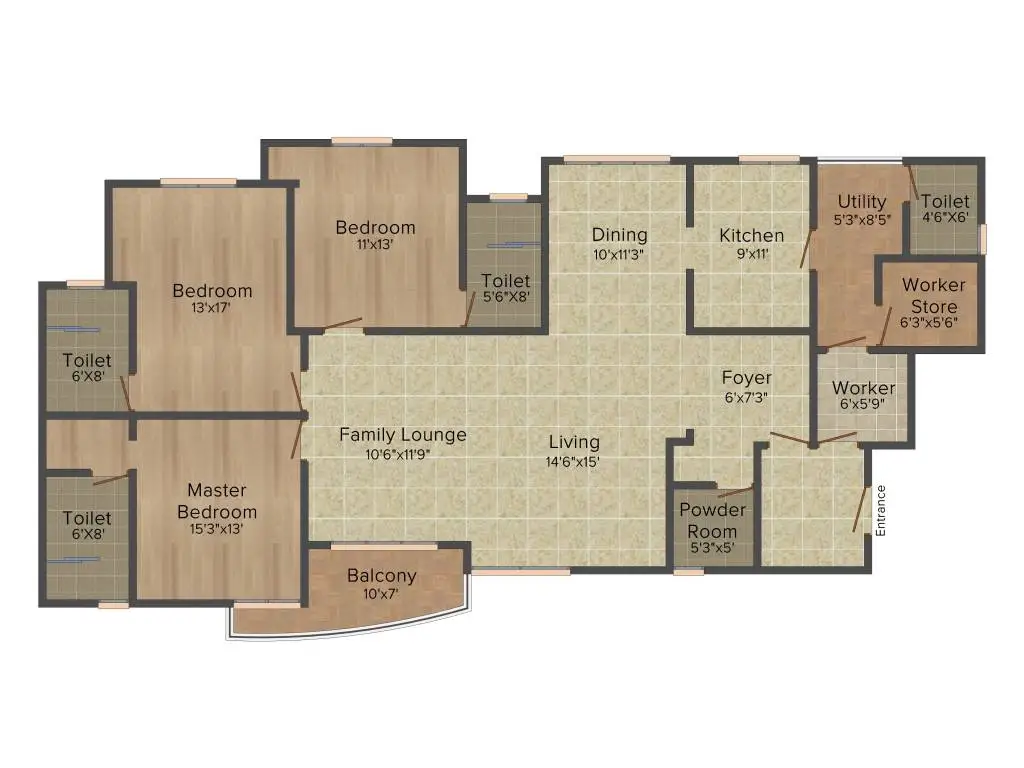 3 BHK Apartment + 3 Toilets
